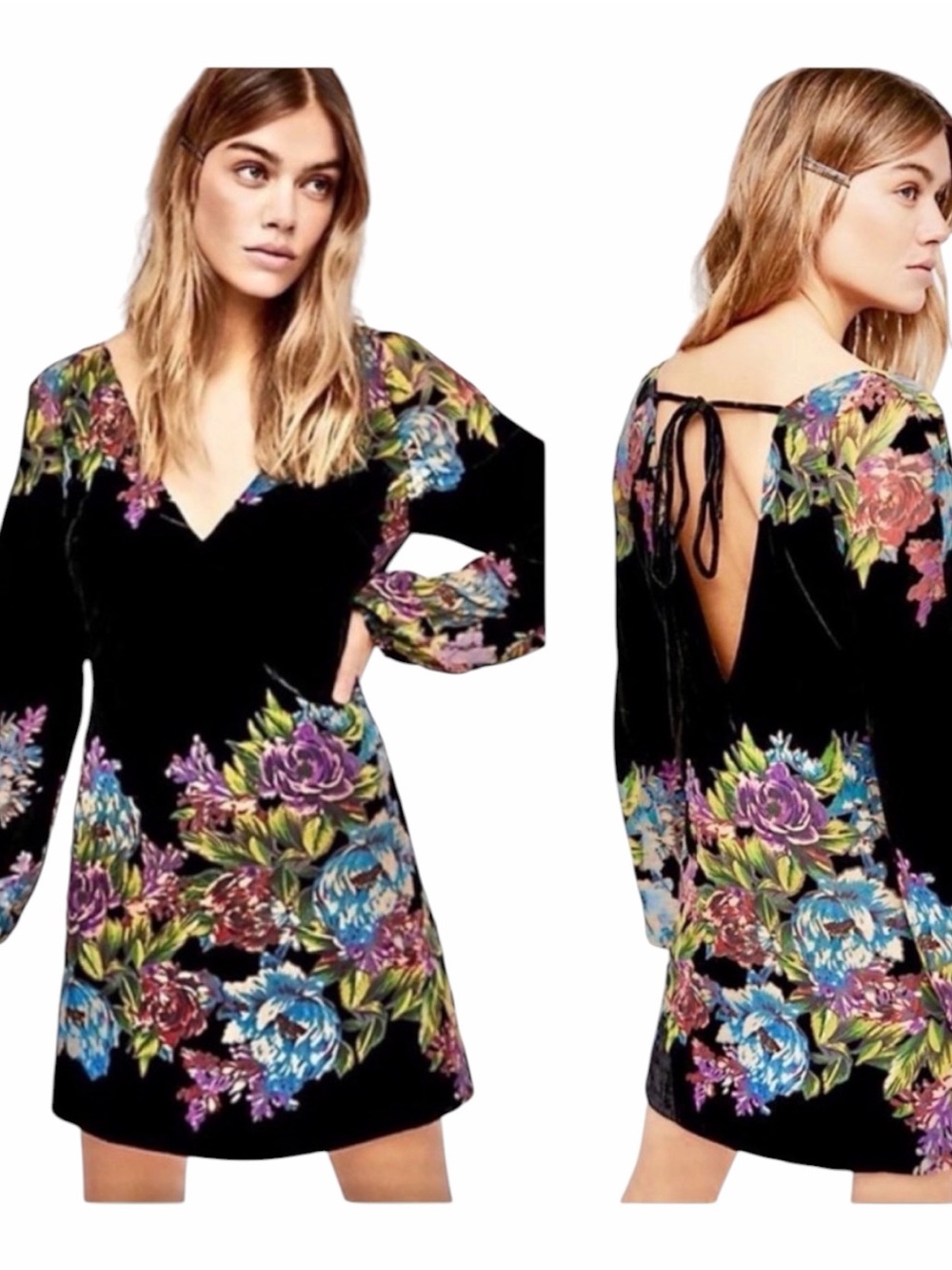 Free People Misha Burnout Long Sleeve Floral Black Velvet Mini Dress Boho Sz XS
